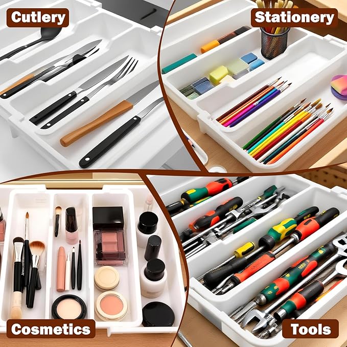 Premium Silverware Drawer Organizer & Cutlery Tray - Expandable Utensil Holder for Kitchen Drawers, Flatware Organizer with Adjustable Sections for Spoons, Forks, Knives (White)