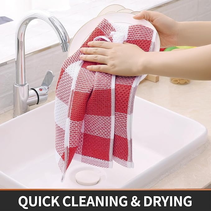 Homaxy Kitchen Towels and Dishcloths Set, 12 x 12 and 13 x 28 Inches, Set of 12 100% Cotton Waffle Weave Check Plaid Kitchen Dish Towels, Super Soft and Absorbent Dish Cloths, White & Red