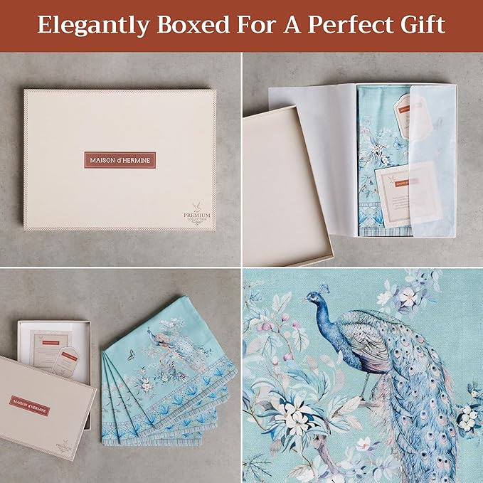 Maison d' Hermine Napkin 100% Combed Cotton Premium Set of 4 Decorative Washable Table Cloth Napkins for Dining, Home, Wedding, Banquet, Peacock Utopia - Pastel Turquoise (20”x20”)