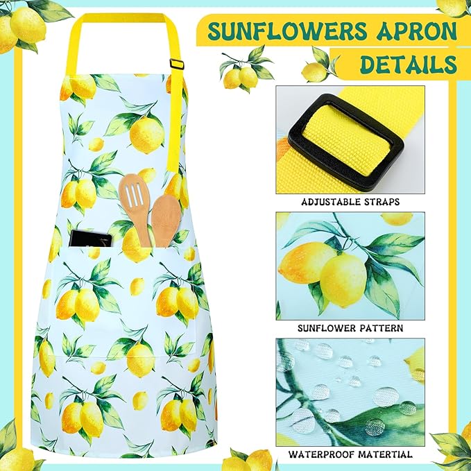 Hoolerry 6 Pcs Lemon Kitchen Accessories for Women Lemon Apron Dish Towels Oven Mitts and Pot Holders with Spatula for Women Wife Grandma Cooking Baking Gifts