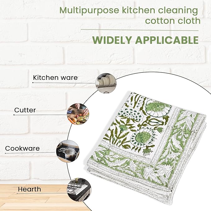 CPC Agate Green Hand Block Print Waffle Kitchen Towel Set of 3-16 x 28 Inch Ultra Absorbent Quick Dry Cotton Dish Towels Lightweight Reusable Sustainable Tea Towels for Cleaning and Drying