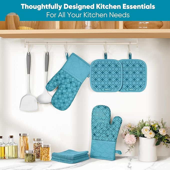 Oven Mitts and Pot Holders Set with Dishcloths, 500 Degree Heat Resistant Oven Gloves and Hot Pads, Premium Soft Cotton Kitchen Mittens and Dish Cloth Sets-Lake Blue
