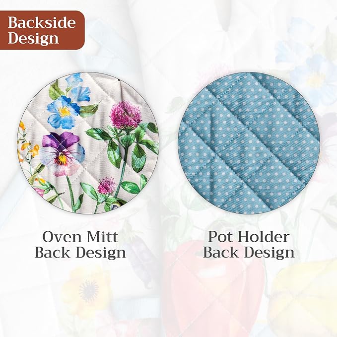 Maison d' Hermine 100% Cotton Oven Mitt & Pot Holder Set (7.5"x13" & 8"x8") Heat Resistant BBQ Cooking Gloves with Loop Baking Grilling Kitchen Gifts for Mothers Day Spring/Summer (Giverny)