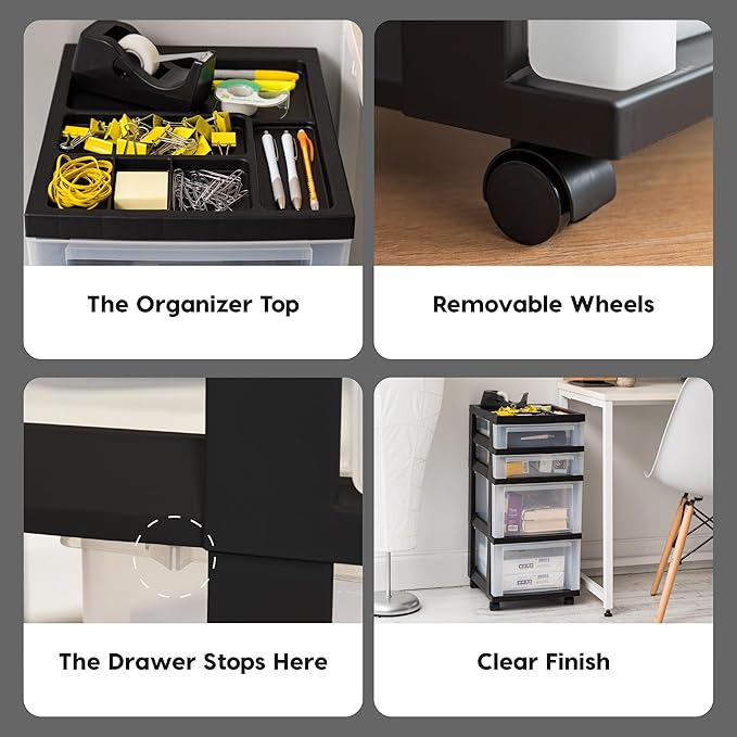 IRIS USA Plastic Drawer Storage Organizer Rolling Cart, with Wheels Casters, 4-Drawers, for Classroom Art Craft Supplies Dresser Closet Bathroom Laundry Room, Black/Clear