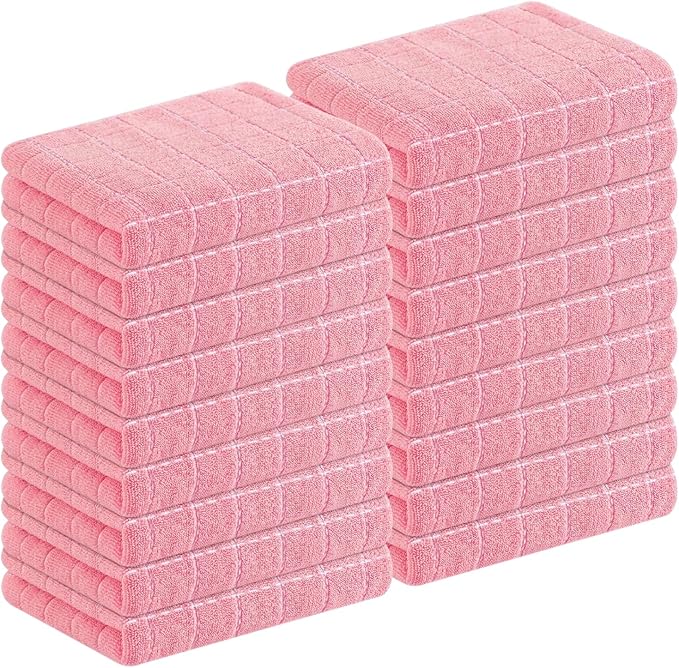 Homaxy 100% Cotton Terry Kitchen Towels(Pink, 13 x 28 inches), Checkered Designed, Soft and Super Absorbent Dish Towels, 18 Pack