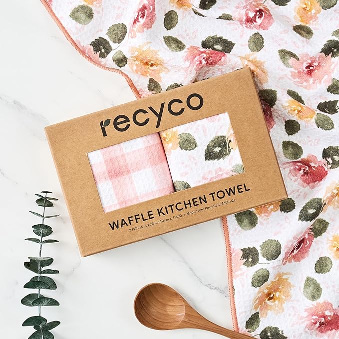 RECYCO Waffle Kitchen Towel Set of 2 - Quick Dry Microfiber Sustainable Dish Towels - Absorbent Reusable Cleaning Tea Towels - Lightweight Hand Towels,16”x 28”, Rose Plaid