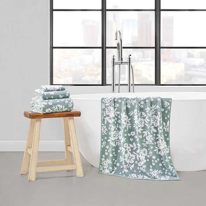 Lucky Brand Folk Floral 6 Piece Bath Towel Set - (2) Bath Towels, (2) Hand Towels, and (2) Washcloths - Iceberg Green Premium Bathroom Towel Set