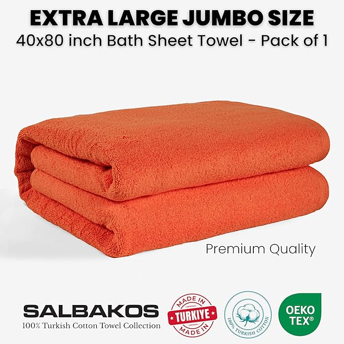 SALBAKOS Luxury 100% Turkish Cotton 40x80 in Extra Large Beach & Bath Towels | Oversized Bath Sheets | Premium Hotel Quality Thick Soft Absorbent Turkish Towel (Pack of 1, Orange, Jumbo Bath Sheet)