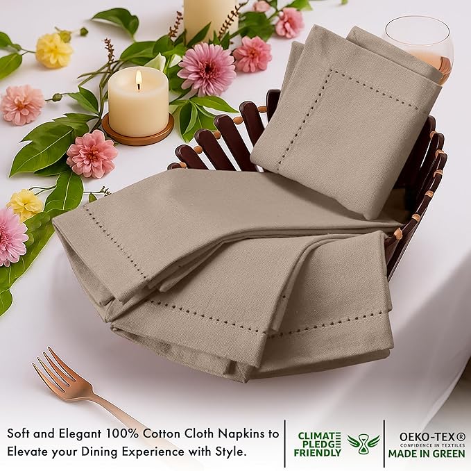 Ruvanti Cloth Napkins Set of 12, 100% Cotton High GSM 18x18 Inches, Hem Stitched Corners, Soft, Washable, Highly Durable & Absorbent, Perfect for Parties, Christmas, Thanksgiving Dinners – Light Taupe