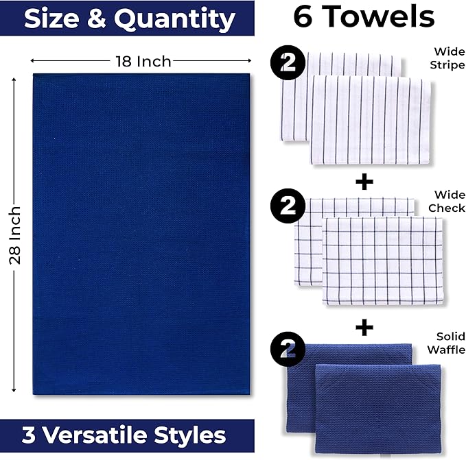 Cotton Dish Towels For Kitchen Drying - Highly Absorbent Wide Navy Blue Striped Plaid Tea Towels - 18"X28" Set Of 6 Farmhouse Linen Dishtowels In Bulk - Pano De Prato Para Cozinha - T Towles Towls