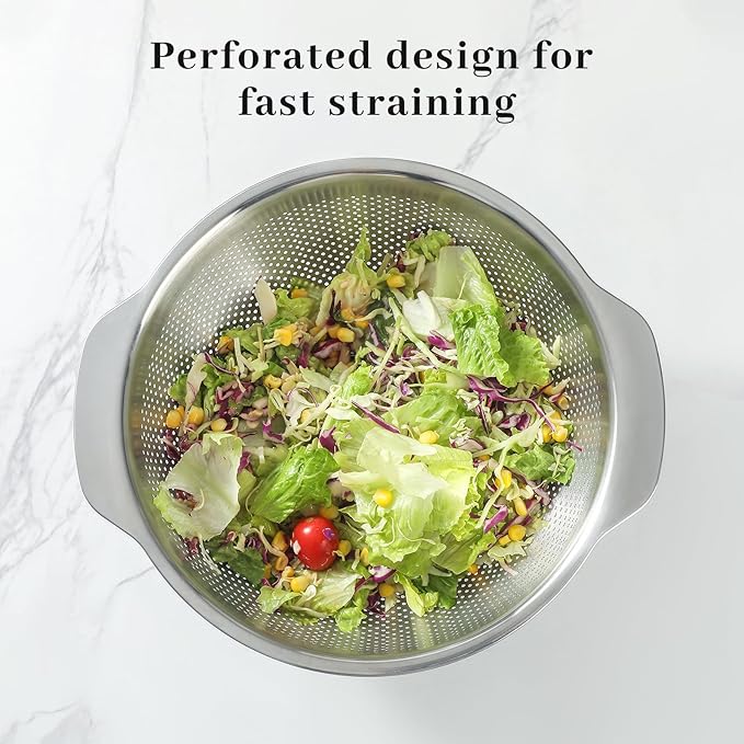 18/8 Stainless Steel Microwell Colander, 5QT Large Capacity with Handle Kitchen Food Strainer Basket for Washing Vegetables, Fruits, Rice, and Pasta (primary colour, 5QT)