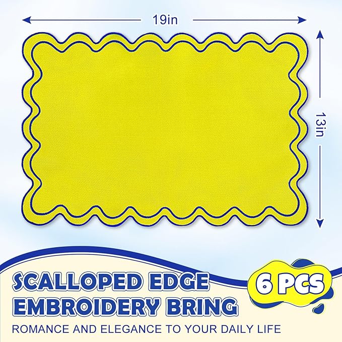 Whaline Yellow Blue Linen Placemats Embroidered Scalloped Kitchen Place Mats for Summer Birthday Party Home Dining Table Decor, Set of 6, 13 x 19 in