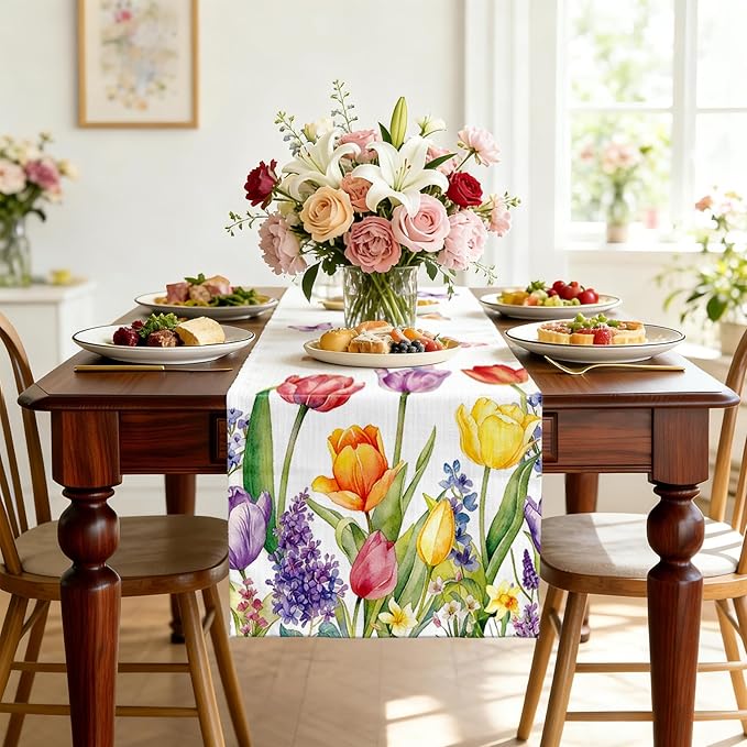 Tulips Table Runner, Spring Floral Table Runner 13x72 Inch, Pink Yellow Butterfly Pattern for Kitchen Dining Table, Indoor Outdoor Home Party Decor