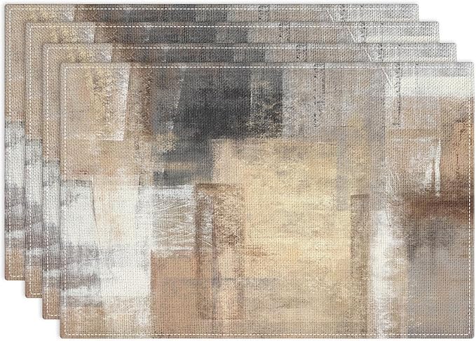 Emvency Farmhouse Placemats Set of 4, 12x18 Inch Modern Abstract White and Brown Art Painting Table Mats for Outdoor Home Party Kitchen Dining Decoration