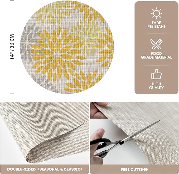 Artoid Mode Yellow Dahlia Plastic Round Placemats Set of 4, 14 Inch Seasonal Wipeable Woven Vinyl Table Mats for Farmhouse Party Kitchen Dining Decor