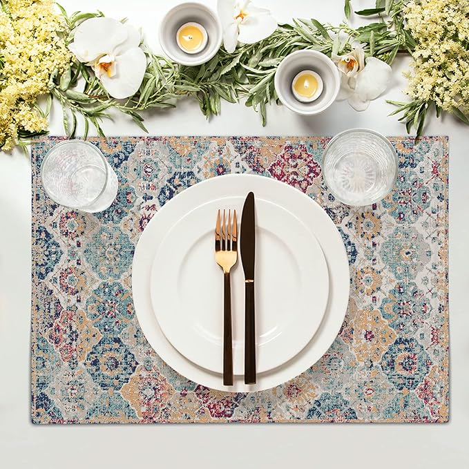 aportt Ethnic Boho Placemats Set of 4 Bohemian Carpet Vintage Rust Coral Floral Carpet Linen Washable Kitchen Dining Table Mats Stain Heat-Resistant Desktop Decor Place Mats 12x18 in