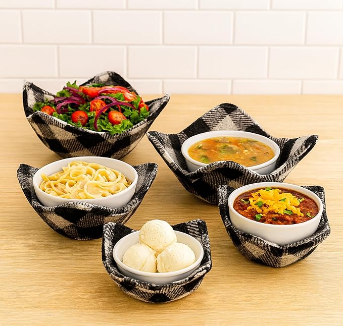 Set of 2 Microwave Bowl Cloth Hot Pads with Black and White in A Cage - Pot Holder or Microwavable Bowl Cozies - Protector for Heat Soup or Food Meals - Multipurpose Heat Resistant Plate Holders
