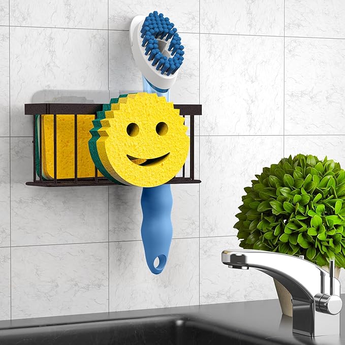 MURLONG Sponge Holder Smiley Face,Sink Caddy for kitchen Sink, Kitchen Organizer Sponge Holder with 2 PCS Suction Cups/1 PCS Adhesive Strips,Designed for Sponge,Soap,Dish brush,Scrubber-Bronze