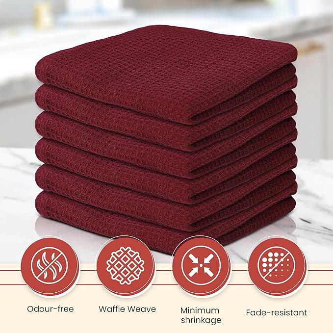 Vintage Vista 100% Cotton Waffle Dish Cloths (Pack of 6) - Dish Rags for Washing Dishes - Reusable & Highly Absorbent Kitchen Towels - Kitchen Rags fo Easter - (12" x 12" - Maroon)
