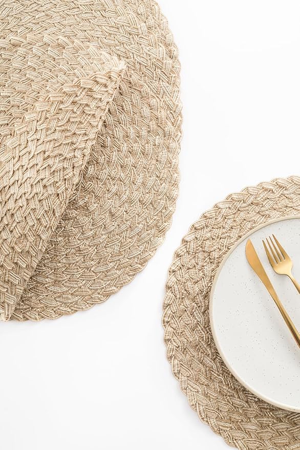 Floroom 15 Inch Round Braided Placemats Set of 4, Washable Heat Resistant Cotton Polyester Circle Boho Place Mats for Kitchen Dining Table - Dunes Khaki