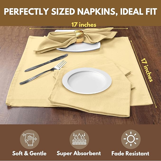 Native Fab Solid Light Yellow Cloth Napkins Set of 4, 100% Cotton Washable Fabric, 17x17 inches, Reusable Table Linen Napkins for Dinner, Party, Wedding, Pale Yellow
