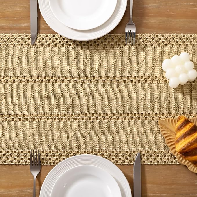 Socomi Boho Table Runner Easter Spring Farmhouse Rustic Dining Kitchen Centerpiece Decor Small Macrame Woven Cotton Linen Coffee Table Runner for Dresser Scarf Home Decor 12x60 inch Champagne