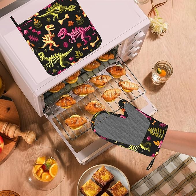 Dinosaur Skeleton Oven Mitts and Pot Holders Sets Non-Slip Silicone Surface for BBQ Gloves,Kitchen,Cooking,Baking,Grilling