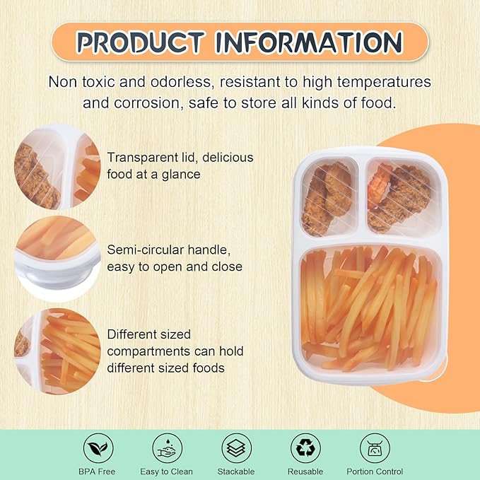 Honeydak 5 Pack Snack Containers 3 Compartment Bento Snack Boxes Divided Meal Prep Containers with Lids Reusable Adults Lunch Food Storage Box for School Work Travel(Black White)
