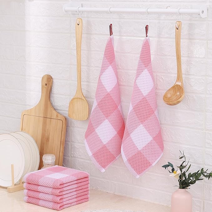 Homaxy 100% Cotton Waffle Weave Check Plaid Dish Cloths, 12 x 12 Inches, Super Soft and Absorbent Dish Towels Quick Drying Dish Rags, 6-Pack, White & Pink