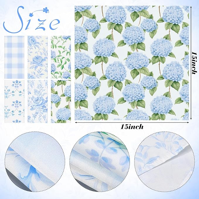 Blue Hydrangea Cloth Napkins 6 Patterns Washable Dinner Tea Party Napkins Reusable Plant Flowers Square Napkin Cotton Towel Decorative for Spring Wildflower Party(Blue Hydrangea,24 Pcs)