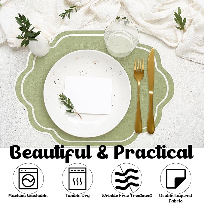Breling 6 Pcs Wedding Placemats Scalloped Embroidered Cotton Linen Placemats 17" x 13" Double Layered Machine Washable Table Place Mat for Party Table Decor (Sage Green)