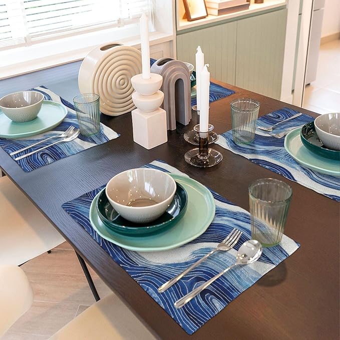 Blue and White Ocean Inspired Linen Placemats Set of 4, Washable Heat-Resistant Decorative Coastal Navy Blue White Wave Patterned Table Mats for Home Dining Parties, Gift for Beach Lovers, Home Decor