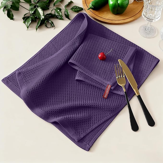 Kitinjoy 100% Cotton Kitchen Towels and Dishcloths Set, 8 Pack-13" x 28" and 12" x 12" Waffle Weave Dish Towels, Ultra Soft Absorbent Quick Drying Dish Rags, Eggplant