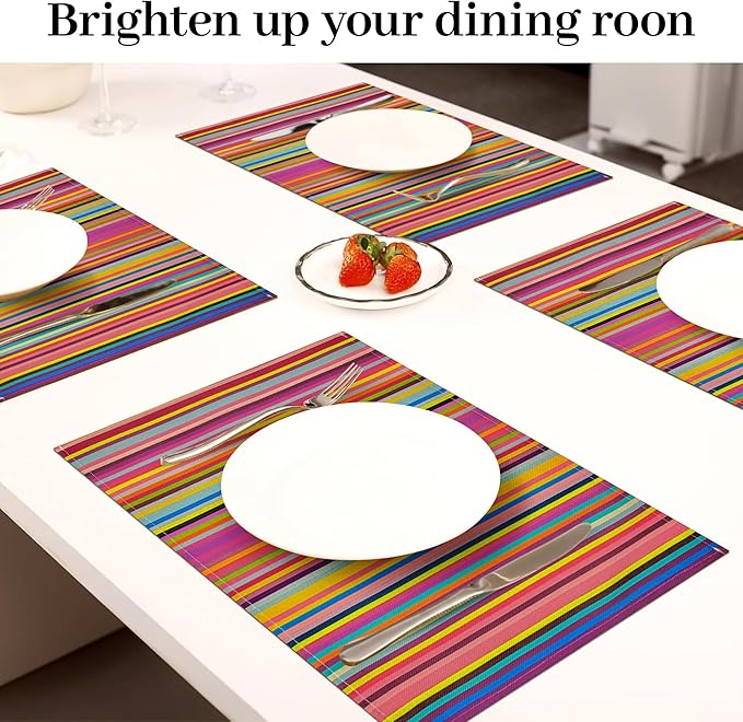 Bloss Mexican Placemats Set of 4, Linen Woven Rainbow Place Mats for Kitchen Table Indoor/Outdoor, 12" x 18" Washable Placemat Dining Table Mats