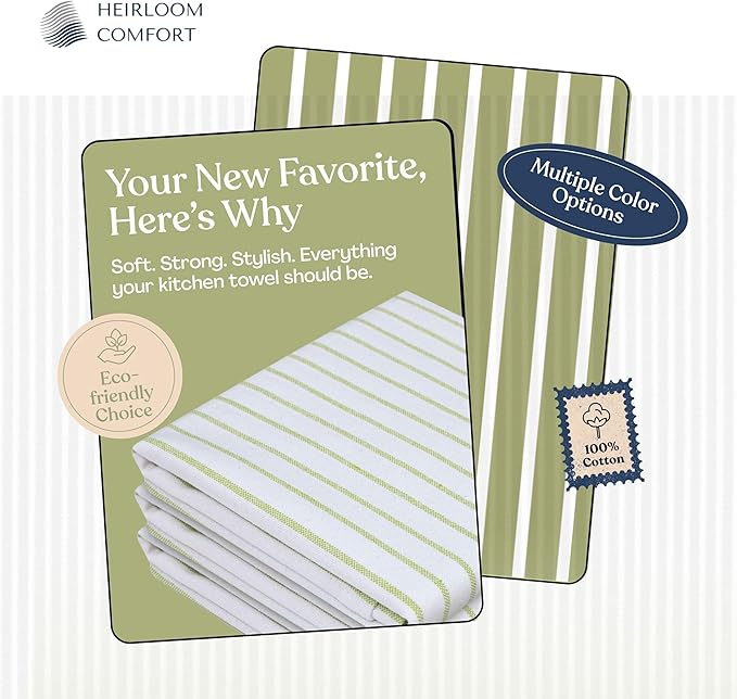 Lemon Green Stripe Kitchen Towels (5 Pack), 100% Cotton, Classic Striped, Super Absorbent & Durable Dish Cloths, Quick Dry Towel Set for Drying Dishes, Everyday Kitchen Cleaning