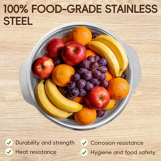 GOLDEN KEY 3Pcs Stainless Steel Colander Set for Kitchen - 3QT/4QT/5QT, Multi-Size Strainer for Draining Pasta, Washing Vegetables, Straining Hot Foods & Grease, Nesting Storage, Dishwasher Safe