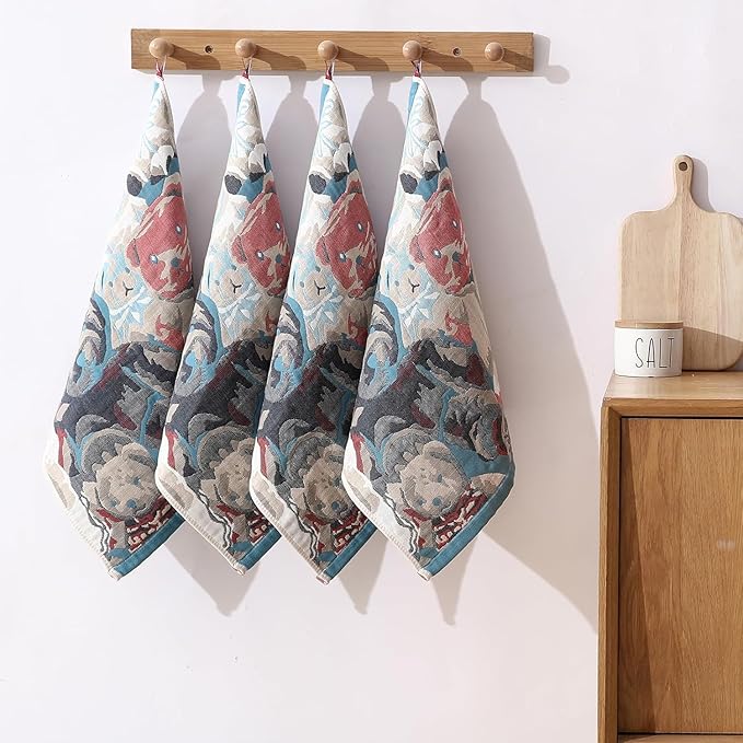 Cotton Washcloths,Dish Towels for Kitchen, 4 Pack Cotton Kitchen Towels with Cute Bear Design, Multi-Purpose Dish Cloths for Washing Dishes, Hand Towels for Kitchen Decor