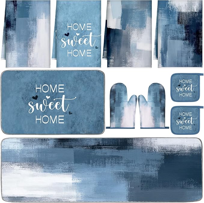 Fourluoo 10 Pcs Blue and Grey Kitchen Decor Oven Mitts and Pot Holders Kit Grey White Dish Towels Kitchen Rugs Modern Abstract Geometric Pattern Oven Glove for Home Decor Baking Cooking Birthday Gift