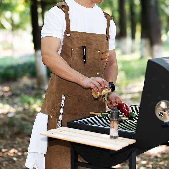 Tosewever Work Aprons for Men with Large Pockets, Canvas Cross Back Heavy Duty Adjustable Tool Aprons for Chef Cooking BBQ