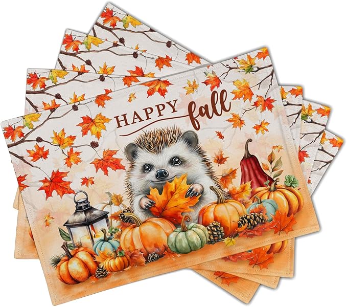 Happy Fall Linen Place Mat 4pc Hedgehogs Pumpkin Printed Placemat Washable Decoration for Home Season Table Decor