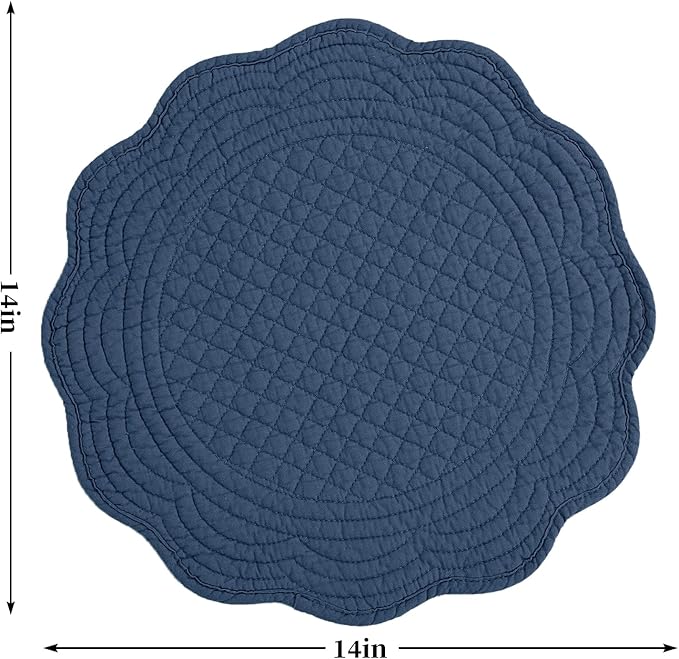 HOMBYS Quilted Placemats Set of 6 Washable Round Placemats for Kitchen Table-100% Cotton Fabric 14 Inch Round Table Mats, Cotton Fabric with Microfiber Filling, (14"x14", Sapphire Blue)