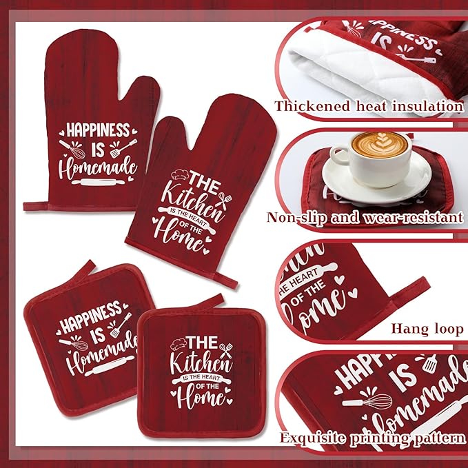 12 Pcs Farmhouse Kitchen Decor Sets 4 Red Kitchen Hand Towels 4 Dish Clothes 2 Rustic Pot Holders 2 Burgundy Oven Mitts Glove Hand Towels and Dishcloths Sets for Home Decorations Accessories Mom Gift