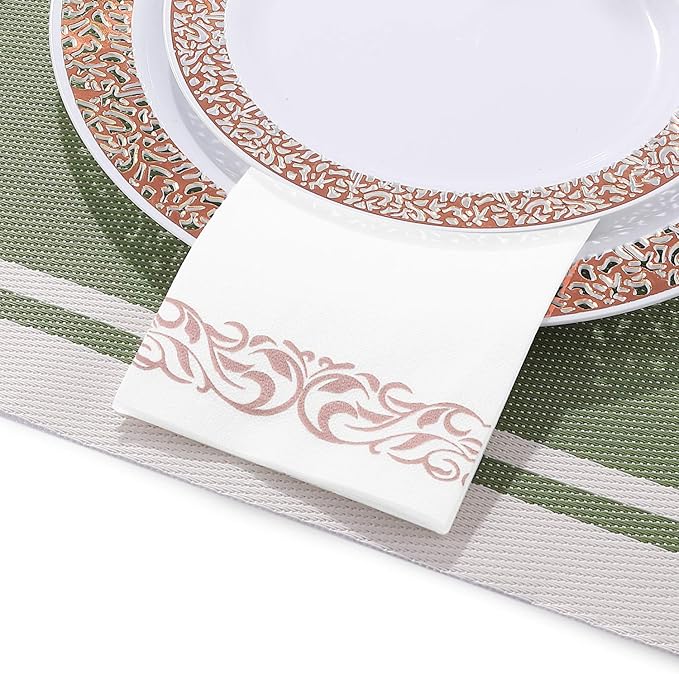 FOCUSLINE 200 Linen Feel Disposable Bathroom Napkins, Soft and Absorbent Paper Guest Towels, Cloth-Like Paper Hand Towels Decorative Napkins for Parties,Weddings,Dinners or Events,Rose Gold, 12" x 17"