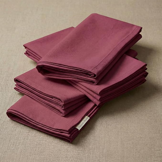 ACCENTHOME Accent Home 100% Cotton Napkins, Delicate Cloth Napkins for Dinners, Parties and Weddings，18 x 18 Inch Set of 12 - Burgundy