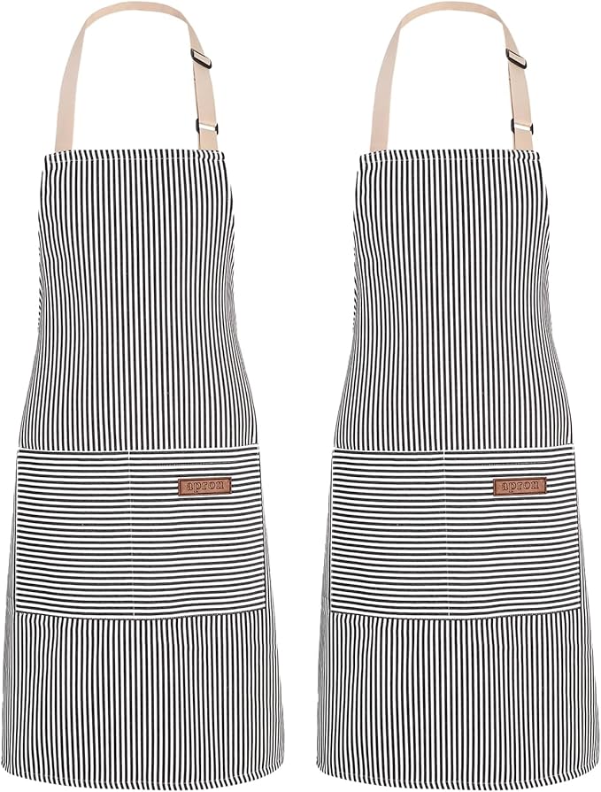2Pack Adjustable Kitchen Apron for Women Men with 2 Pockets，Cotton-Polyester Blend Bib Aprons for Cooking,Baking