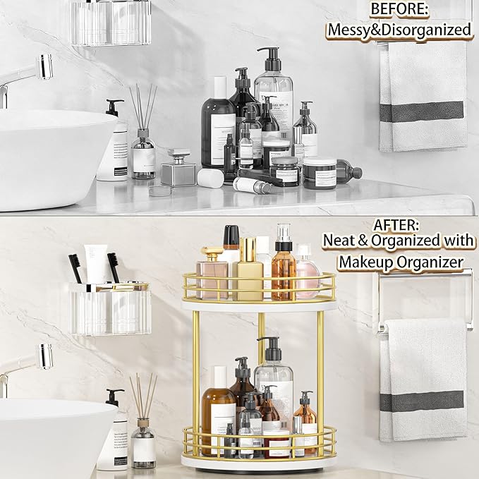 Bathroom Organizer Countertop,2 Tier Rotating Makeup Organizer Countertop for Vanity,Wooden Bathroom Counter Storage Shelf,Lazy Susan Turntable for Perfume,Skincare,Cosmetic (White-Gold)