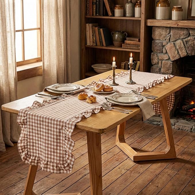 HunnmingRe 1 Pcs Brown Plaid Gingham Ruffle Table Runner 118 x 13.8'' Farmhouse Table Runner 100% Cotton Scalloped Long Dresser Scarves for Dining Room, Wedding, Kitchen Rustic Home Decor