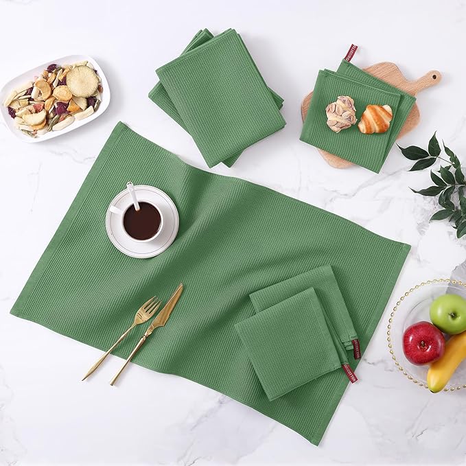 Homaxy 100% Cotton Kitchen Towels and Dishcloths Set - 8 Pack Waffle Weave Soft and Absorbent Dish Towels - 26 X 16 Inch and 12 X 12 Inch - Grass Green