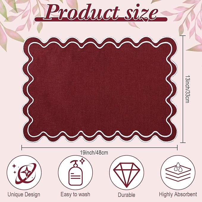 HunnmingRe Set of 6 Cotton Linen Placemats, 13x19 Inch Scalloped Wavy Embroidery Placemat Double Layered Washable Rustic Rectangle Dinner Table Mats for Wedding Home Decor(Burgundy with White)