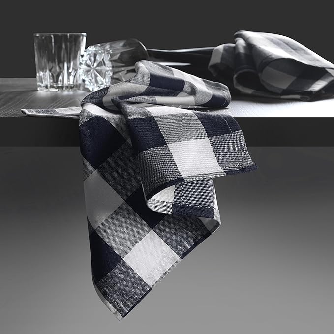 Native Fab Navy Buffalo Check Cloth Napkins, Set of 4, 16x16 inch, Plaid Checked Pattern, 100% Cotton, Soft, Absorbent, Reusable Table Napkin for Dinner, Wedding, Party, Holiday, Cocktail - Navy Blue
